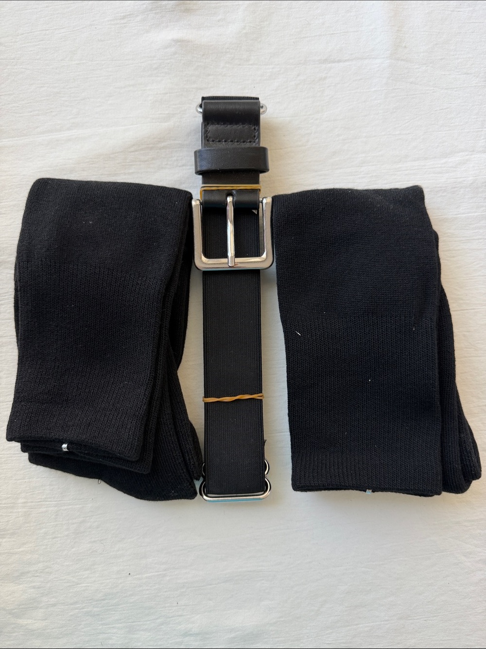 Youth Black Elastic Belt with Silver Buckle and socks